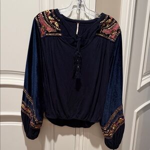 Free People Navy and Pink Embroidered Blouse